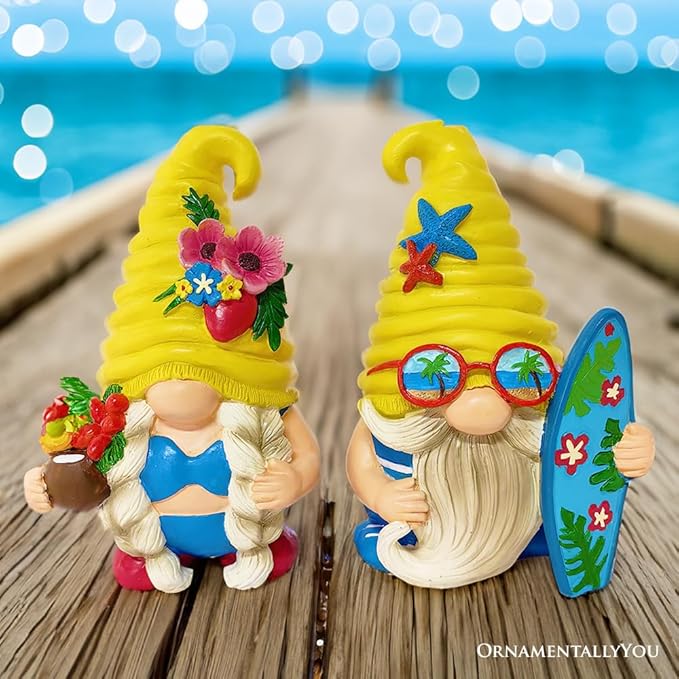 OrnamentallyYou Spring & Summer-Themed Garden Statues – Adorable Outdoor Decor for Lawn, Patio & Porch (Tropical Beach Gnome Duo Figurine Set, Cute 6" Summer Decoration Garden Statue)