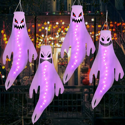 Geefuun 4PCS Purple Halloween Fierce Ghost Windsocks Hanging Decorations - 43 Inch Flag Wind Socks for Home Yard Outdoor Decor Party Supplies (Batteries Not Included,No Timer)
