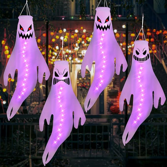 Geefuun 4PCS Purple Halloween Fierce Ghost Windsocks Hanging Decorations - 43 Inch Flag Wind Socks for Home Yard Outdoor Decor Party Supplies (Batteries Not Included,No Timer)