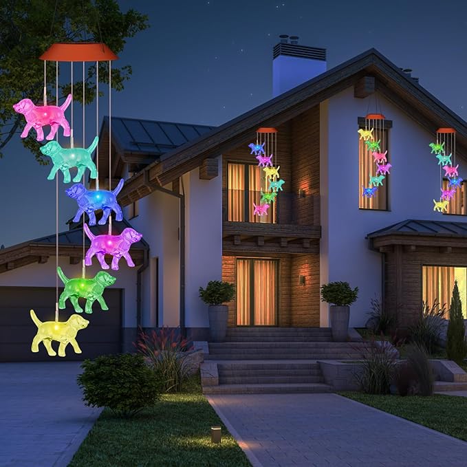 Dog Solar Wind Chimes for Outside Colors Changing Lights Outdoor Waterproof Multicolor Wind Chime Gifts for Mom Grandma Mobile Hanging Windchimes for Garden Party Yard Window Decor