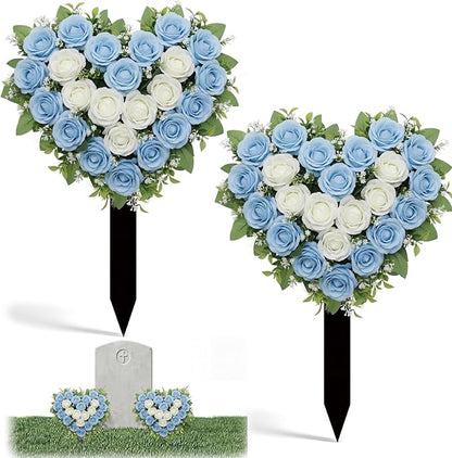Frienda 2 Sets Cemetery Flowers Grave Stake Metal Floral Decor for Tombstone, Outdoor Gravesite Markers for Mom Dad, Memorial Day Spring Easter Grave Decor(Heart,Blue,White)