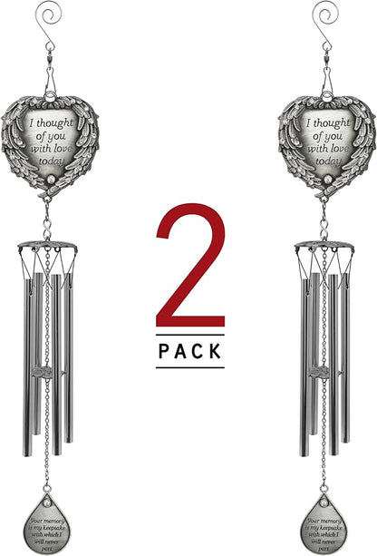 Sympathy Memorial Windchimes - Engraved I Thought of You with Love Today - Angel Wings Wrapped Around a Heart and Teardrop Charm - in Loving Memory Chimes - 15" L - 2 Pack