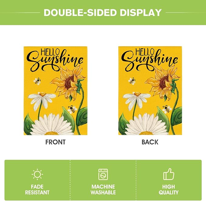 AVOIN colorlife Daisy Sunflower Hello Sunshine Garden Flag 12x18 Inch Double Sided, Summer Seasonal Holiday Burlap Yard Outdoor Decoration Yellow