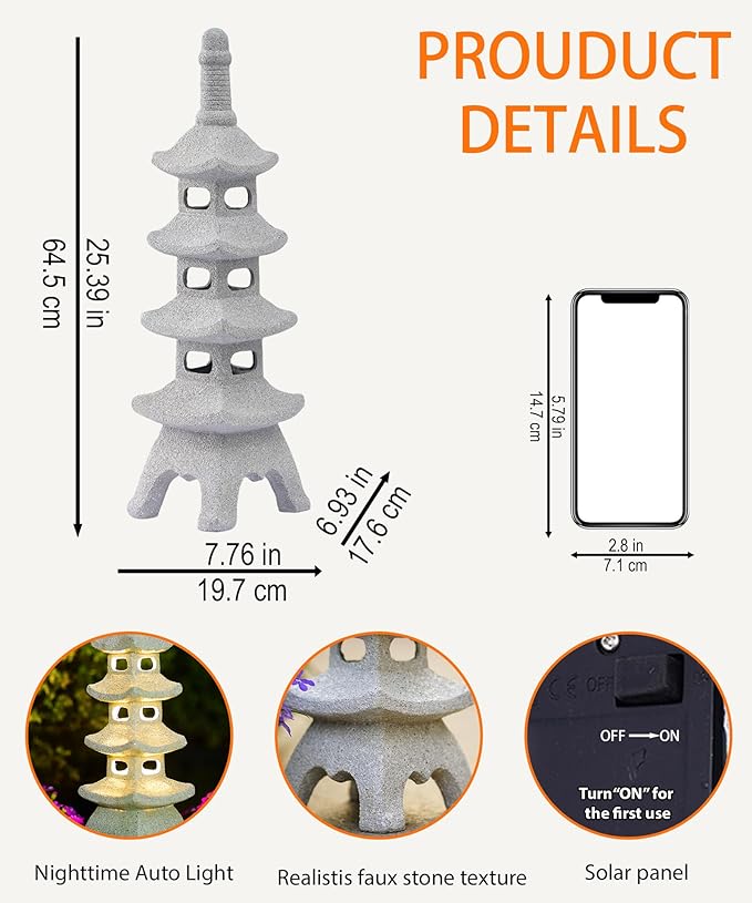 Nacome Solar Pagoda Garden Statues: 25.6 inches Multi-Layer Outdoor Waterproof Resin Zen Decor for Landscape Balcony Patio Porch Yard Ornament(Gray)