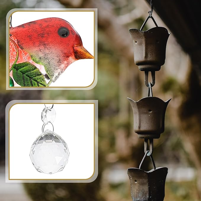 BESPORTBLE Creative Red Bird Hanging Ornament Glass and Iron Garden Statue Scene Tree Adornment Courtyard Decoration Stained Glass Window Hanging Art Craft
