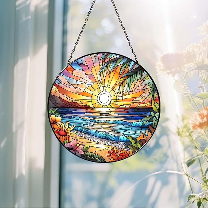 Beach Sunset Sun Catcher Stained Glass Window Hanging Beach Lovers Gifts for Women Wall Decor Landscape Decoration for Home Garden Housewarming Gifts
