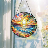 Beach Sunset Sun Catcher Stained Glass Window Hanging Beach Lovers Gifts for Women Wall Decor Landscape Decoration for Home Garden Housewarming Gifts