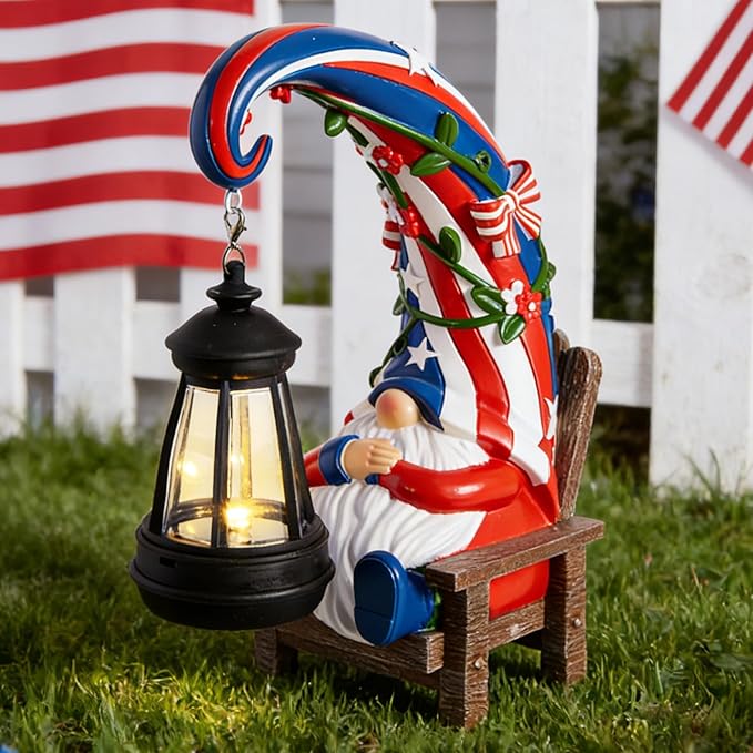 WDS WONDROUS Solar Garden Gnome Statue Decor with LED Lights 4th of July Gnome Decorations for Yard Outdoor Patio Lawn Balcony Decor Birthday Gift for Woman Grandma Outside Independence Day Sulptures