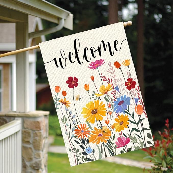 Spring Summer House Flag 28x40 Inch Double Sided Outside Welcome Wildflower Daisy Floral Outdoor Seasonal Decorative Large Garden Flag Decor 1-28