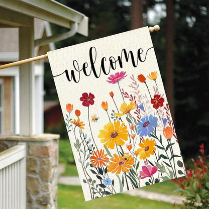 Spring Summer House Flag 28x40 Inch Double Sided Outside Welcome Wildflower Daisy Floral Outdoor Seasonal Decorative Large Garden Flag Decor 1-28