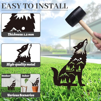 WADORN 2Pcs Wolf Metal Decorative Garden Stakes, Howling Wolf Silhouette Metal Outdoor Statues Animal Garden Ornament Gifts Black Yard Art Decorations for Home Outdoor Patio Backyard Lawn Walkways