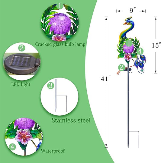 Solar Globe Lights for Yard Decoration,40.9 Inch Metal Peacock Front Porch Decor with Cracked Glass Puck Light for Patio Pathway Yard Decoration
