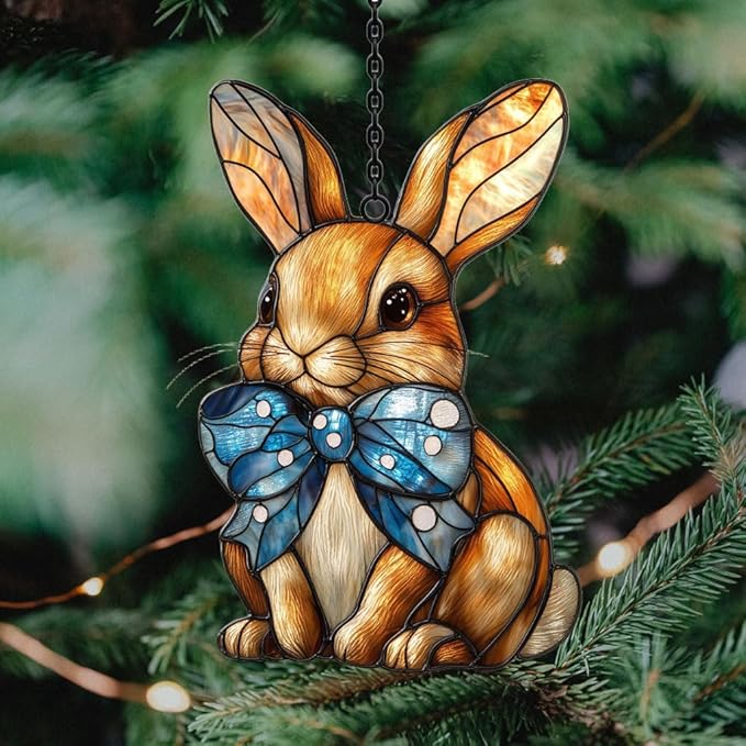 Warm Mosaic Bunny Art Acrylic Suncatcher Stained Glass Effect Window Car Hanging Christmas Ornament Indoor Outdoor Decor Garden Sun Catcher Panel for Easter Lover for Women Mom Grandma