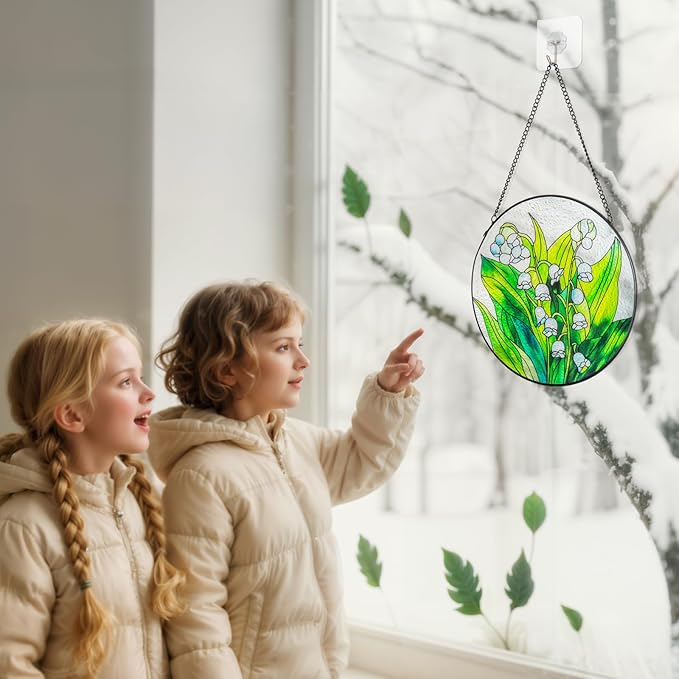 Suncatcher Stained Glass Window Hanging - Flowers Glass Panel with Metal Chain and Hooks Handmade Sun Catcher Decoration for Window Garden Home Christmas & Birthday Gifts (7.8 Inch)