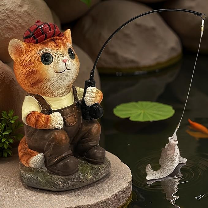 GARDEN WHISPER Cat Statue Outdoor Koi Pond Garden Decoration, Cat Decor for Yard 7.1'' Fishing Tabby Statue Outdoor Garden Decor, Fishing Guy for Waterfalls or Koi Pond Additioanl, Gifts for Mom