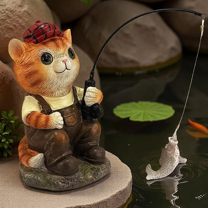 GARDEN WHISPER Cat Statue Outdoor Koi Pond Garden Decoration, Cat Decor for Yard 7.1'' Fishing Tabby Statue Outdoor Garden Decor, Fishing Guy for Waterfalls or Koi Pond Additioanl, Gifts for Mom