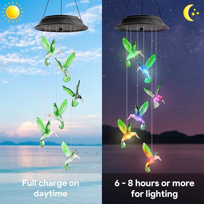 Mom Grandma Gifts for Mothers Day, Birthday Gardening Gifts for Women, Hummingbird Solar Lights Outdoor Decorative Solar Wind Chimes for Outside Garden Decor Yard Patio Porch