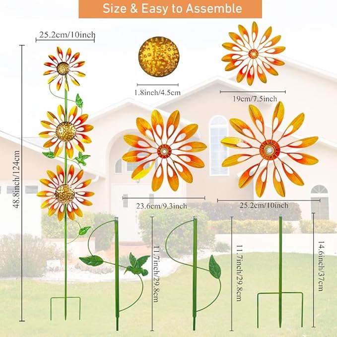 VEWOGARDEN Sunflower Wind Spinners Outdoor Kinetic Garden Wind Spinner with Stakes Metal Garden Decor for Yard Lawn Patio, Yellow