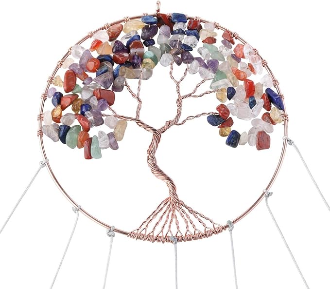 Yoption Tree of Life Agate Slices Memorial Wind Chime, 7 Chakra Natural Crystal Windchimes for Home Garden Decoration Ornament, 15.7-17.7 inch