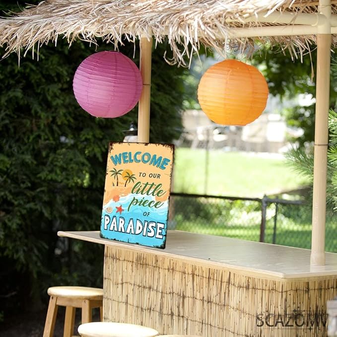 SCAZOMV Welcome to Our Little Piece of Paradise Welcome Sign for Front Door, Metal Signs Vintage for Home Bar Swimming Pool Beach Farmhouse Garden Outdoor Funny Wall Decor, 12x8 Inch