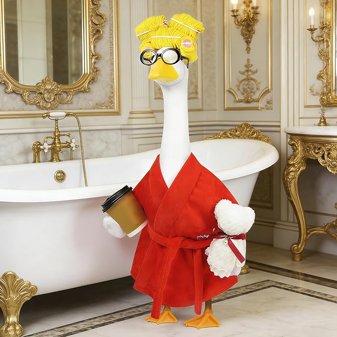 Lady Porch Goose Outfits,Bathrobe Porch Goose Statue Costume with Curlers Reading Glasses Coffee Cup Towel,Cute Goose Clothes for 23-Inch Cement Statue,Lawn Yard Garden Patio Decor（Red）