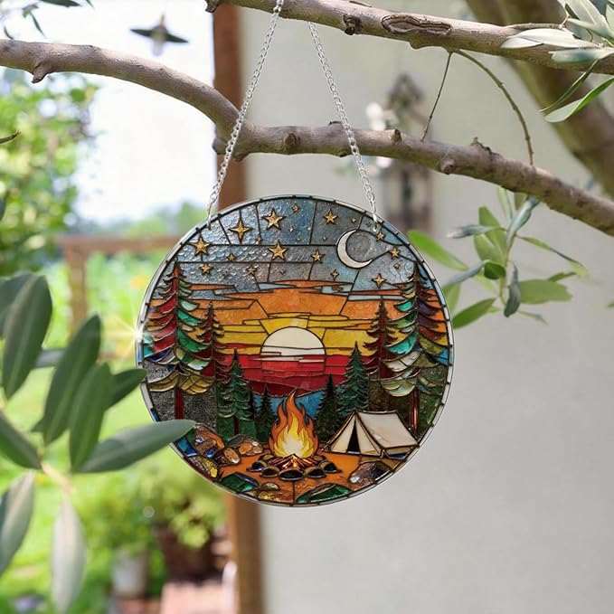 Camping Life Acrylic Suncatcher, Christmas Tree Decor Ornaments, Window Hanging Nature Round Sun Catcher, Forest Window Wall Art for Home Office Decoration, Gift for Camping Lover