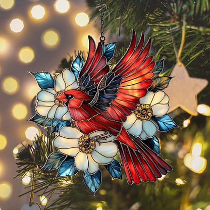 Flying Red Cardinal Acrylic Suncatcher Stained Glass Effect Window Car Hanging Christmas Ornament Indoor Outdoor Decor Garden Sun Catcher Panel for Cardinal Lover for Women Mom Grandma