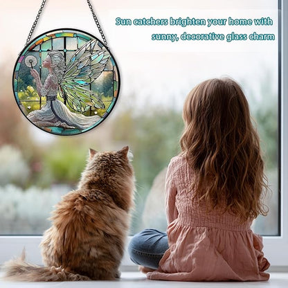 Dandelion Fairy Stained Glass Window Hanging, Suncatcher Diamond Glass Panel Hangings, Sun Catchers Indoor Windows Wall Art, Gifts for Mom Grandma, Christmas Decor for Home Garden Office 7.87 inches