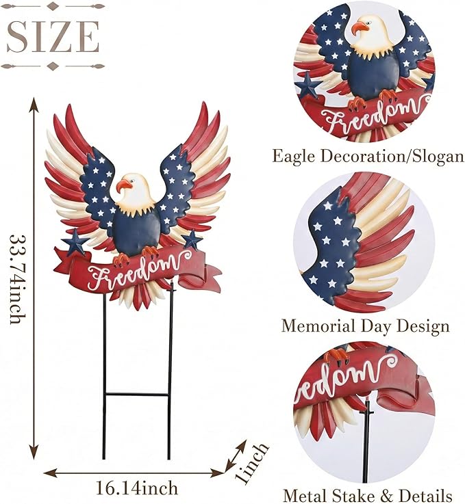 TERESA'S COLLECTIONS 4th of July Decorations for Outdoor, Patriotic Memorial Day Garden Decor, Eagle Metal Yard Art Sign for Outside, Americana Garden Stake for Lawn, Independence Day Gifts, 34''