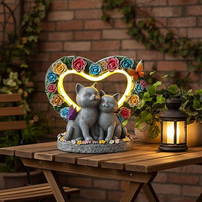 Gifts for People Who Love Cats, Cat Garden Decor with Heart-Shaped, Couple Cat Figurine for Valentines Day, Anniversary Housewarming Christmas Birthdays Gifts for Lover Wife Women Mom Friends