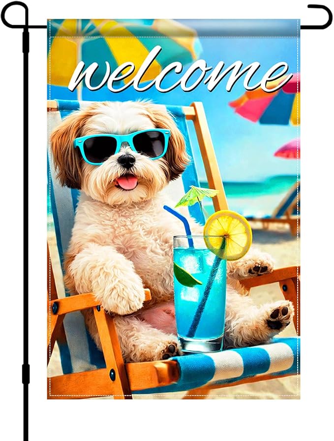 BlissYard Welcome Summer Shih Tzu Garden Flag 12x18 Double Sided Vertical Outdoor Decor Beach Chair Dog Yard Lawn Patio Tropical Poolside Banner