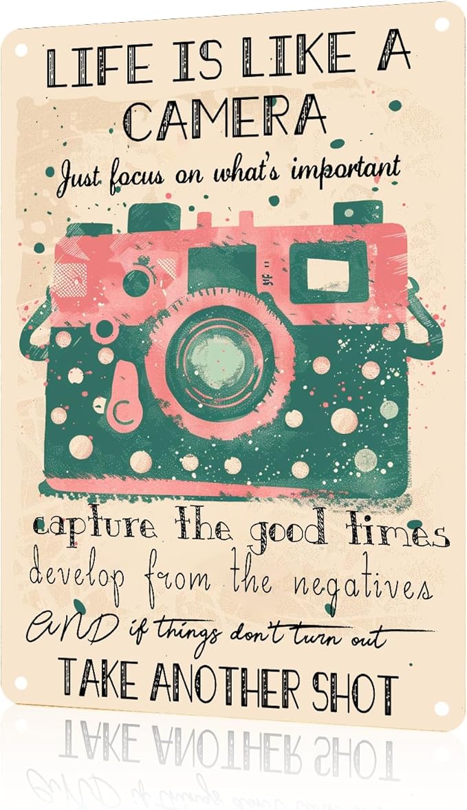 Life Is Like A Camera Cute Retro Art Tin Sign for Home Living Bedroom Room Kitchen 8x12 inch