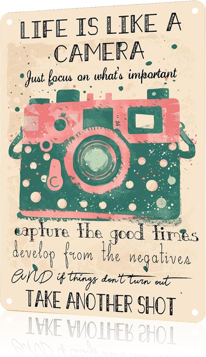 Life Is Like A Camera Cute Retro Art Tin Sign for Home Living Bedroom Room Kitchen 8x12 inch