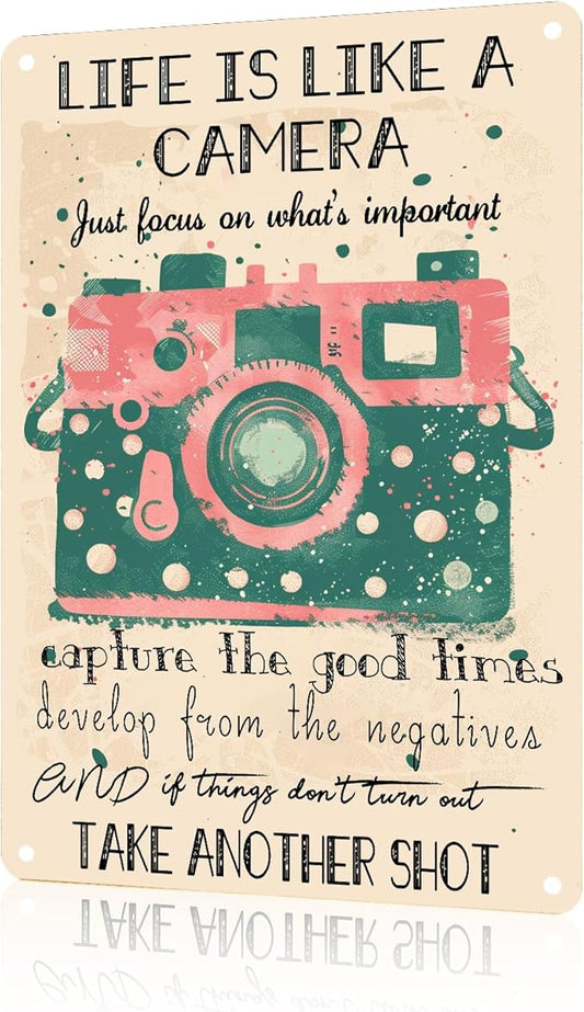 Life Is Like A Camera Cute Retro Art Tin Sign for Home Living Bedroom Room Kitchen 8x12 inch