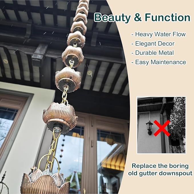 Lotus Rain Chain Cups for Outside, 5 Cups per Meter, Decorative Gutter Downspout Diverter Rain Catcher, Copper Exquisite Rain Chimes Easy Hanging,2.8m (9.2ft)
