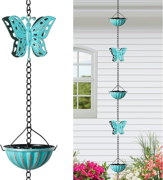 Tfro & Cile Butterfly Rain Chain Gutter Downspout Catcher Outside Water Diverter Decorative Garden Rain Cups Chime Home Decor - 8 1/2 Feet Long