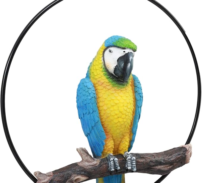 Ebros Patio Home Garden Hanging Scarlet Macaw Parrot Perching on Branch in Metal Round Ring Figurine Sculpture Nature Lovers Tropical Bird Collectors Decor 13.5" H (Blue)
