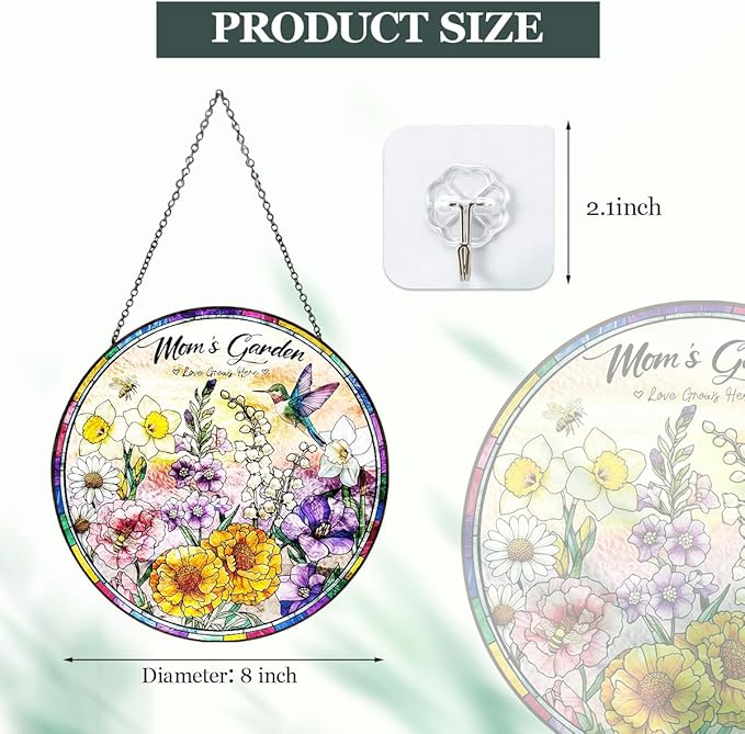 Birthday Gifts for Mom - 8 inch Mom’s Garden Inspired Stained Glass Suncatcher, Floral Window Hanging Ornament, Mothers Day Decorations Gift for Mom Grandma, Mom Birthday Gifts