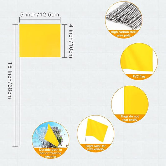 IKAYAS 4 x 5 x 15 inch Yellow PVC Small Marking Flags - Pack of 50, Ideal for Lawn, Garden, Survey and Irrigation
