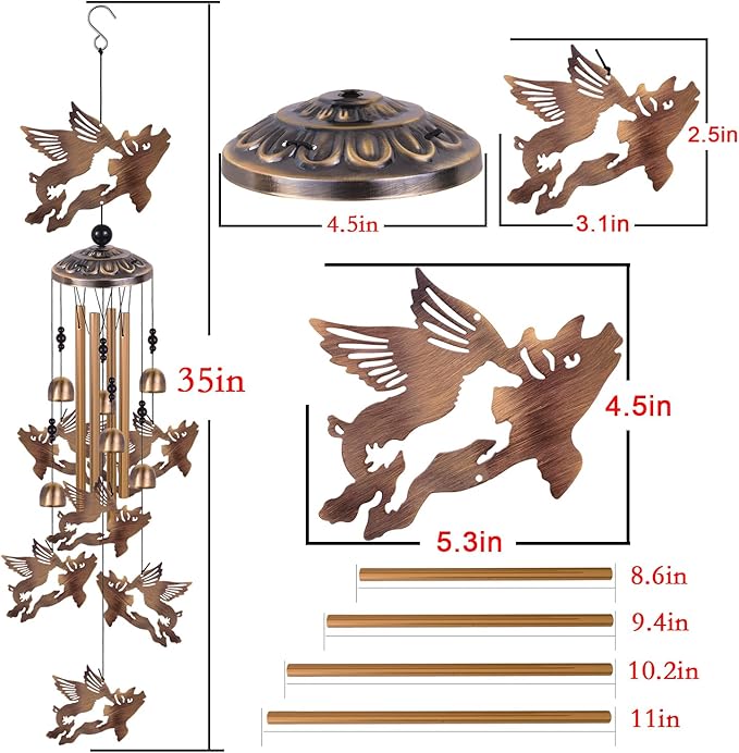 Bronze Flying Pigs Wind Chimes for Garden/Home/Balcony/Lawn/Tree/Yard/Indoor/Outside Decoration, Retro Wind Catcher, Pig Decor, Blessing Wind Bells, Memorial WindChimes Gifts for Mom, Grandma, Woman