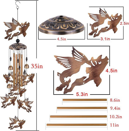 Bronze Flying Pigs Wind Chimes for Garden/Home/Balcony/Lawn/Tree/Yard/Indoor/Outside Decoration, Retro Wind Catcher, Pig Decor, Blessing Wind Bells, Memorial WindChimes Gifts for Mom, Grandma, Woman