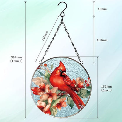 FONMY Cardinal Glass Suncatcher Window Hanging Decor., Red Cardinal Xmas Gifts for Women, Mom, Bird Lover,Red Bird Suncatchers for Windows,Home & Garden, Hand Painted Glass Christmas Ornament,(6inch)