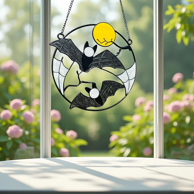 Stained Enamel and Metal Bat Moon Suncatcher Window Panel Wall Hanging Ornaments Halloween Horror Home Decorations