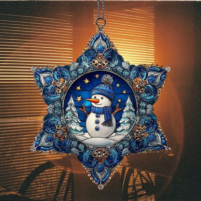Cute Snowman Giving Presents Mosaic Snowflake Acrylic Suncatcher Stained Glass Effect Window Car Hanging Christmas Ornament Indoor Outdoor Decor Garden Sun Catcher Panel for Women Mom Grandma