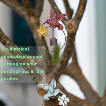 Jemeni 8.5' Length Flamed Hummingbird and Bell Rain Chain, Hanging Outdoor Garden Ornament, Colorful……