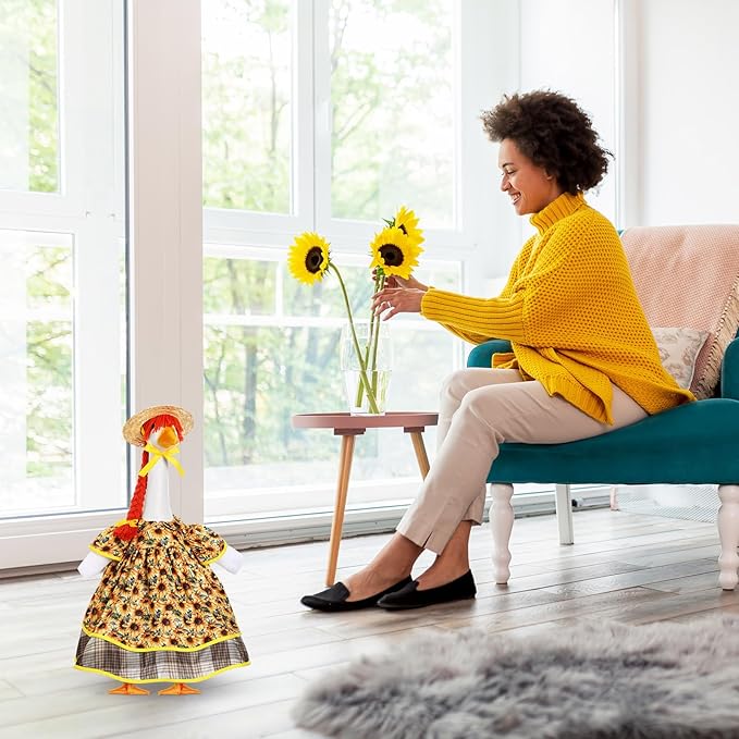 FuWeave Spring Goose Outfit Sunflower Lawn Porch Cement Goose Sunmer Clothes Skirts Hat Wig Forgarden Outdoor Patio Yard Statue Art Decor(Sunflower,17 Inch)