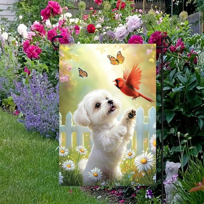 Spring Summer Maltese Dog Garden Flags 12x18 Double Sided, Small Burlap Seasonal Cardinal Floral Garden Flag Spring Summer Outdoor Yard Decorations for Outside Lawn Decor