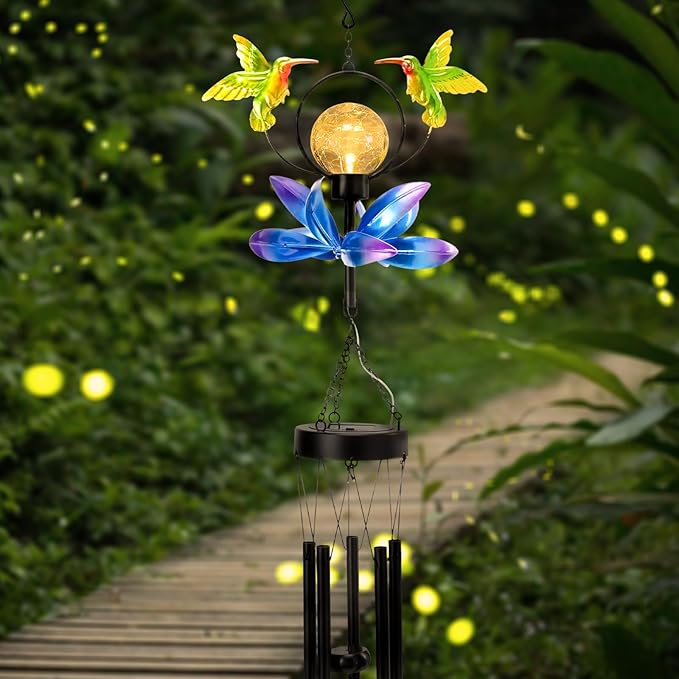 Taman Solar Wind Chime - 35"Hummingbird Solar Lights Wind Chimes Valentine's Day Gift with Spinner for Outside Deep Tone Decorative Memorial Gift for Home, Outdoor, Yard, Patio, Balcony, Garden Decor