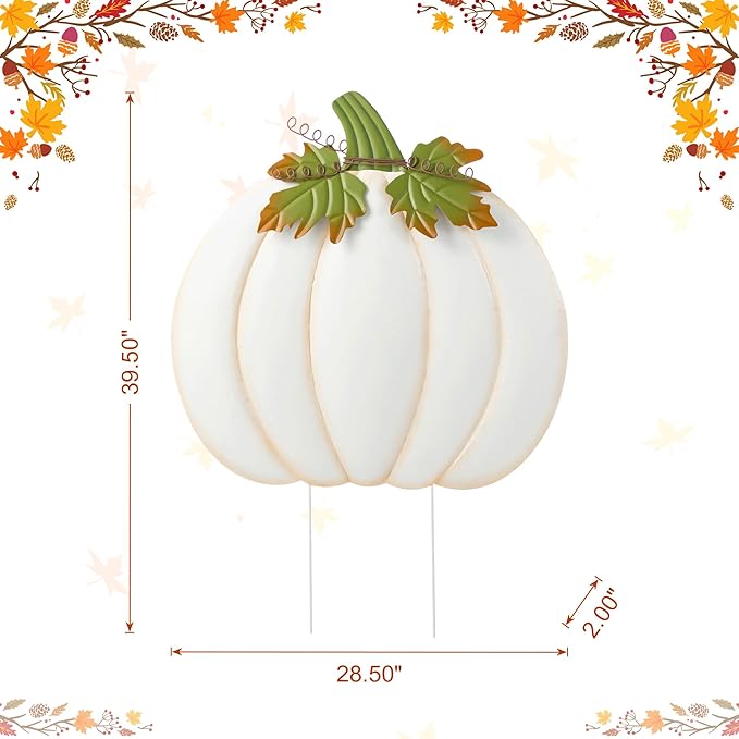Glitzhome Oversized Ivory Pumpkin Yard Stake,39.5"H Metal Fall Pumpkins Garden Stake, Garden Standing Stakes or Hanging Pumpkin Signs for Autumn Harvest Thanksgiving Halloween Fall Outdoor Decorations