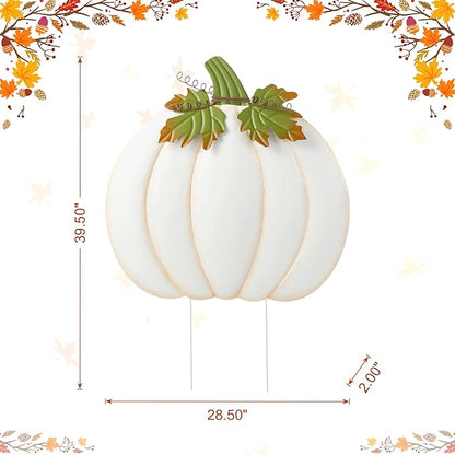 Glitzhome Oversized Ivory Pumpkin Yard Stake,39.5"H Metal Fall Pumpkins Garden Stake, Garden Standing Stakes or Hanging Pumpkin Signs for Autumn Harvest Thanksgiving Halloween Fall Outdoor Decorations